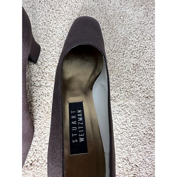 Stuart Weitzman Choc Brown Fabric Round Square Toe Curved Block Heel Pumps. 7M - Picture 10 of 11